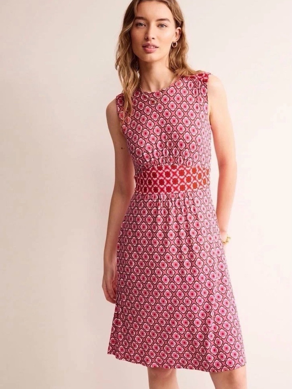 Boden Sleeveless Pink Patterned Midi Dress with Red Waist Detail
